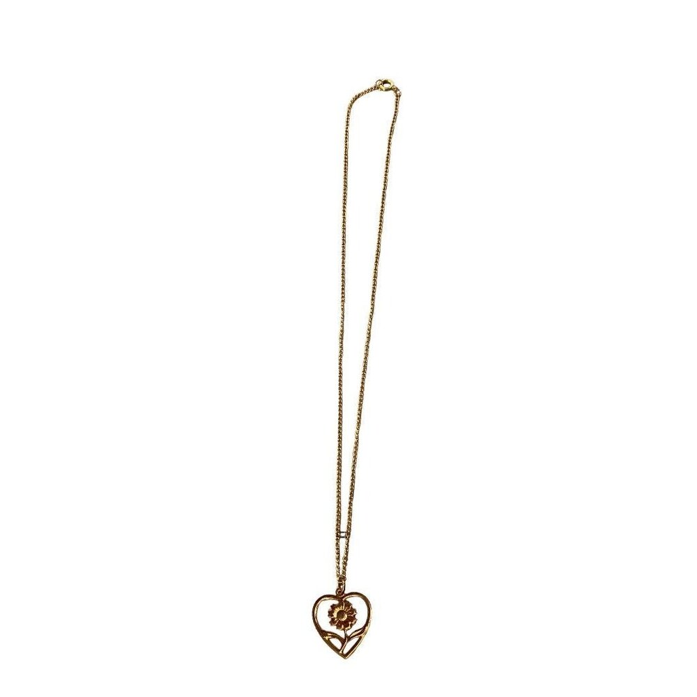 Goldtone Necklace Floral 1" Heart Pendant on 19" Chain Red White - Picture 7 of 13